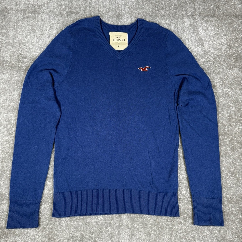 Hollister Sweater Men's XL Blue V-Neck Wool Blend Long‎ Sleeve Pullover Y2K